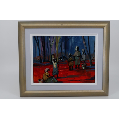 28 - Framed oil on board by Jan Dingemans depicting an African scene. Picture measures approx 38cm x 29cm... 