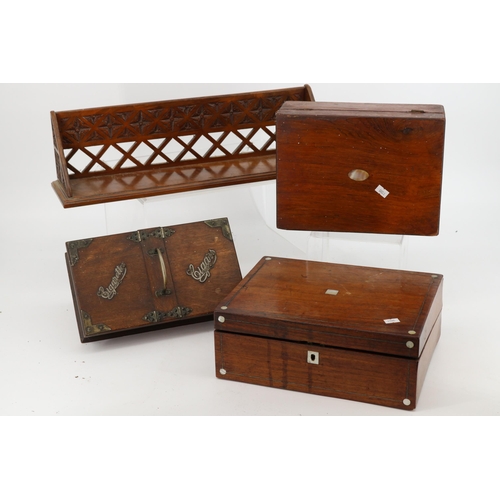 45 - Selection of wooden boxes and a carved book rack, one box for cigars and cigarettes and one other co... 