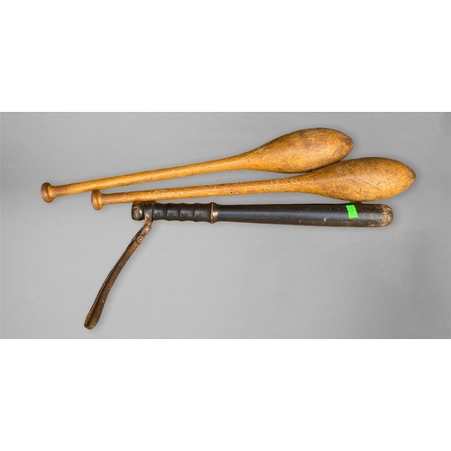 49 - A pair of wooden turned Indian clubs together with truncheon