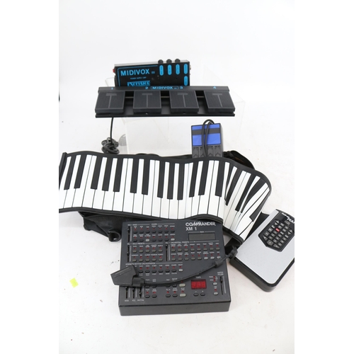 118 - Midibox pedal unit with controller, Commander XM 1 controller and a roll up midi piano and a flightc... 