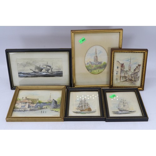 123 - Six framed miniature J M Austin watercolours, Poole Pottery Delphis wall plate, and an R1 Matchbox r... 