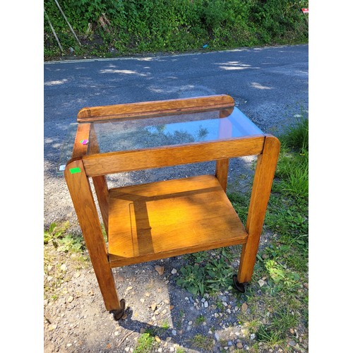 150 - Oak utility small trolley with glass top.