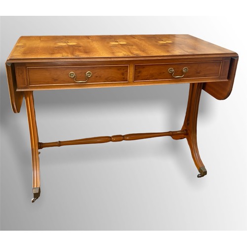 246 - Reproduction yew wood sofa table fitted two faux and two drawers.