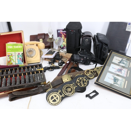 293 - General house clearance lot including an Olympus E-100RS, horse brasses, 70/80's telephone etc.