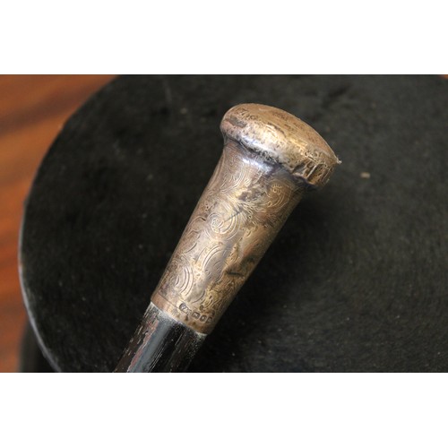 147 - Silver topped cane and a silk top hat by Cleverley's