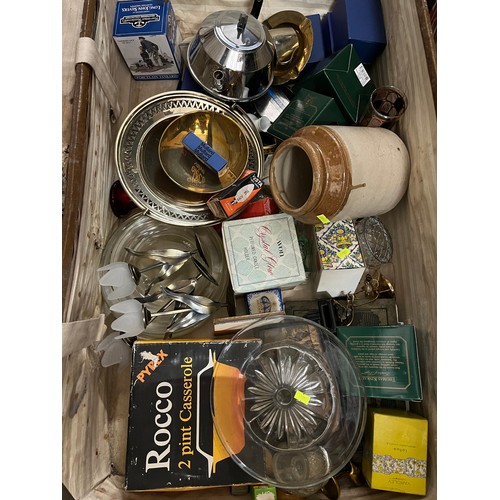 34 - A selection of assorted sundries to include glass ware, new boxed mugs, plated items etc inside a la... 