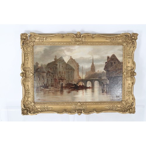 26 - Oil on board Town Bridge (unsigned), Framed overview etching of the Salisbury Prospect, oil on board... 