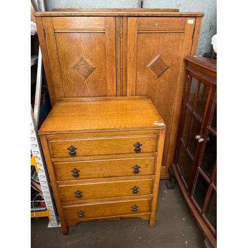 58 - Oak utility wardrobe/storage cabinet together with an oak four drawer chest with raised back