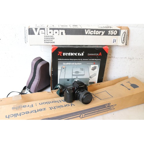 57a - Reflecta slide projector together with screen, Velbon Victory 150 tripod and a Canon camera