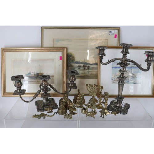 59 - Silver plated candlesticks with a quantity of miniature brassware together with three framed waterco... 