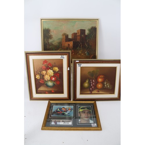 122a - Wooden tray together with oil on canvas in gilt frame and an oil on board signed Ordi with various o... 