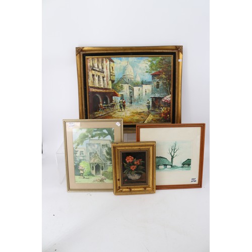 122a - Wooden tray together with oil on canvas in gilt frame and an oil on board signed Ordi with various o... 