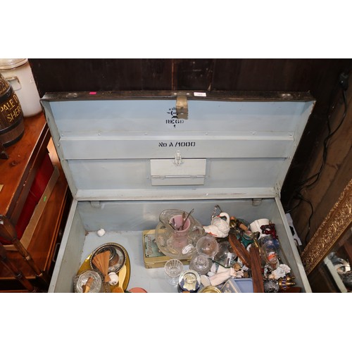 163 - Large selection of items to include glass, ceramics metalware etc inside a metal trunk.