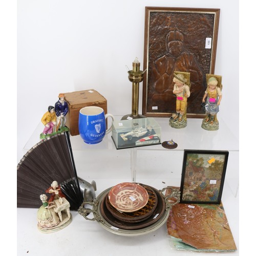 199 - Four ceramic figures, inspect together with pottery plates, metalware including copper plaque etc