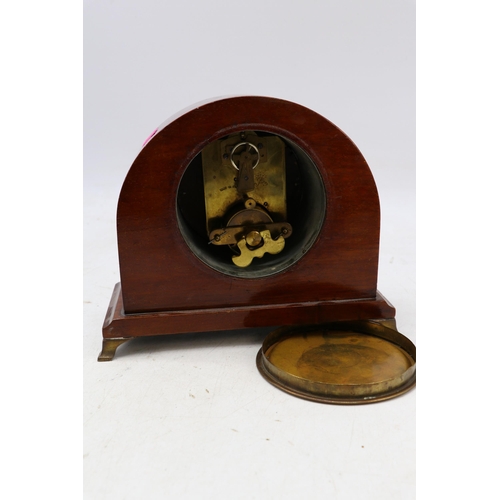 169 - Edwardian mahogany line inlaid mantle clock. Hancock & son Manchester. Removable circular brass plat... 