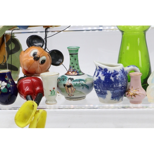 197 - Selection of assorted ceramics and glassware, early plastic Mickey Mouse puppet, Miniature Japanese ... 