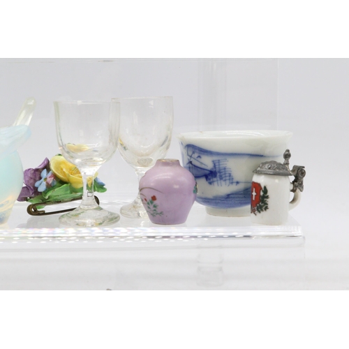 197 - Selection of assorted ceramics and glassware, early plastic Mickey Mouse puppet, Miniature Japanese ... 