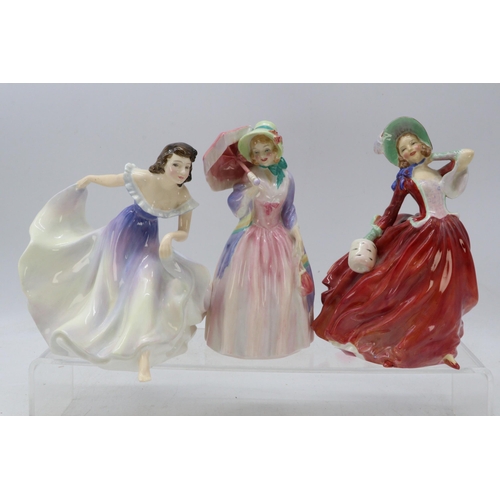 342 - Royal Doulton figures, Miss Demur, Autumn Breezes and a Gypsy dance.