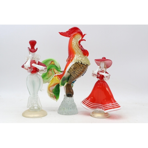 356 - Vintage, pair of glass Murano figures together with a tall Cockerel. Showing damage to the cockerels... 