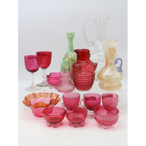 499 - General selection of Antique and later coloured glassware. To include cranberry items a paperweight ... 