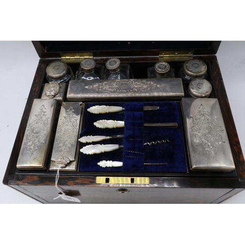 238 - Antique Coromandel and brass mounted vanity box with silver hallmarked toiletry bottles, inkwell, mo... 