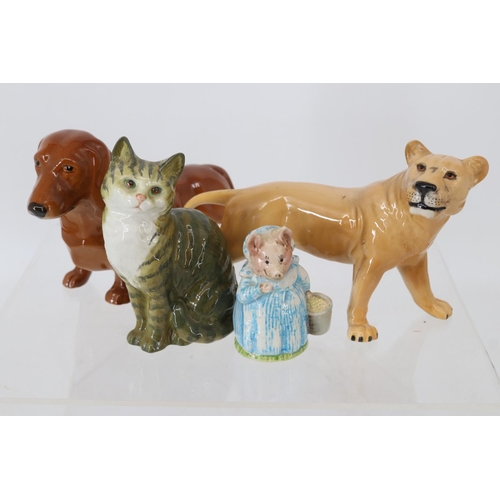 41 - Beswick Lioness, Cat, Aunt Pettitoes and a Dachshund (Dachshund has small chip to base of rear foot)