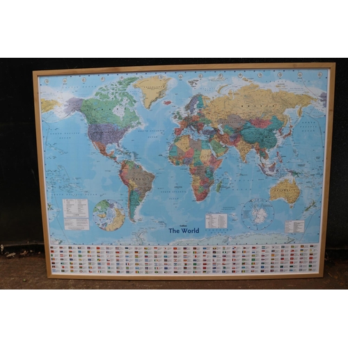 67 - Large framed Collins world map including flags of the world measuring approx. 142cmW x 105cmH