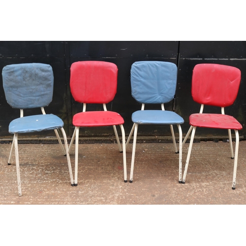 75 - Four vintage stacking chairs with vinyl covers. Note, one chair seat is detached.