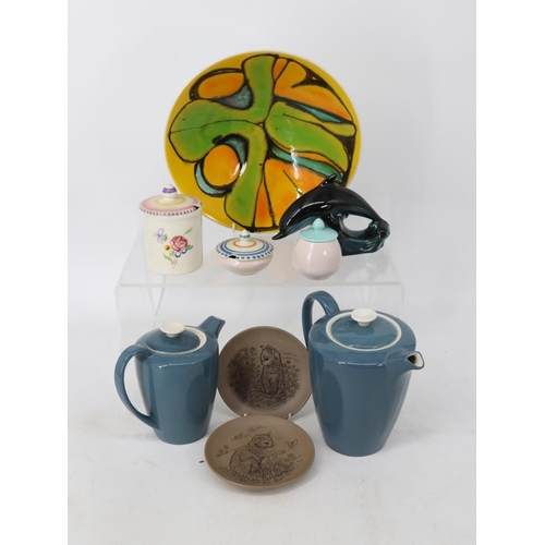 87 - Selection of Poole Pottery to include teapot, 10.5inch Delphis bowl, jam pot (AF), mustard pot etc