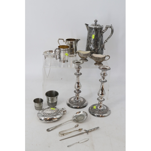 102 - Walker and Hall silver plated flask together with Britannia metal coffee pot, and other plated ware