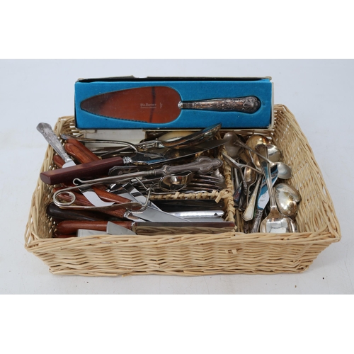 105 - Carton of assorted cutlery and other items together with a silver handle button hook.