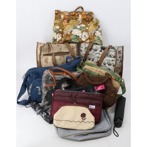 203 - Selection of handbags, some new together with curtain material, pyjamas and umbrella's