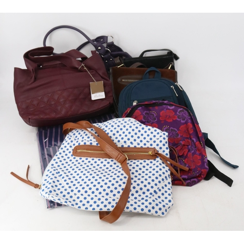 203 - Selection of handbags, some new together with curtain material, pyjamas and umbrella's