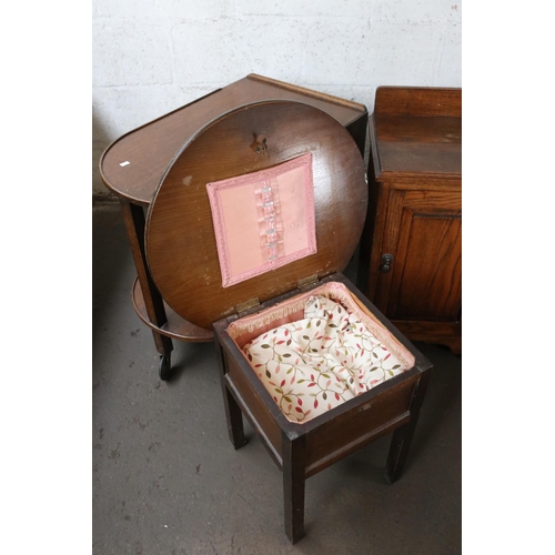 243 - Utility era sewing box with a trolley and a bedside table.