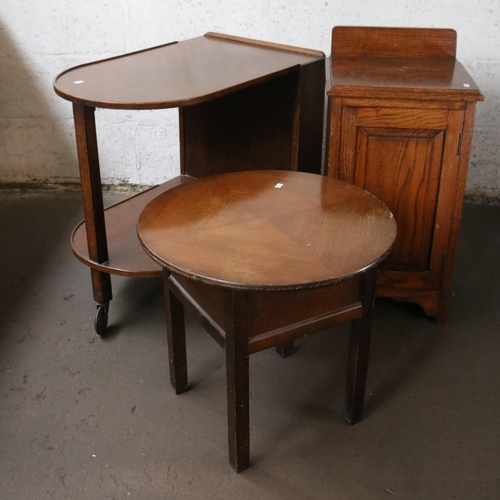 243 - Utility era sewing box with a trolley and a bedside table.