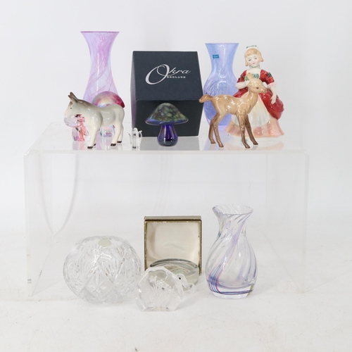 245 - Art glass including a boxed Okra mushroom, Caithness vases, Royal Doulton Valerie HN2107 and other o... 