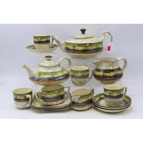 247 - A Royal Doulton Deadwood crackle teaset comprising of teapot, milk jug, sugar bowl, four cups, sauce... 