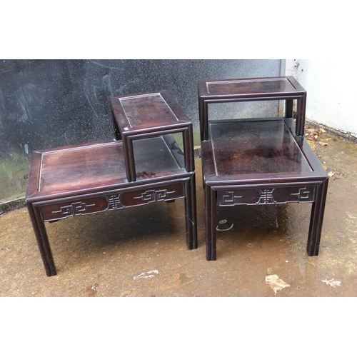 303 - Two oriental hard wood side tables with drawer under raised shelf to back (damage to joint on one) m... 