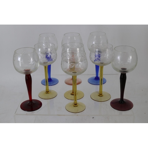 333 - Nine Hock glasses with coloured stems.