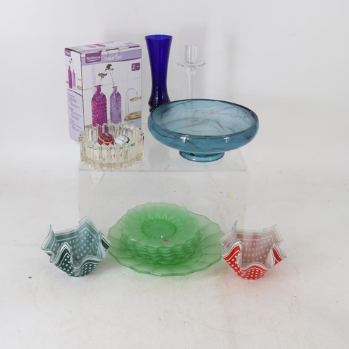 338 - Assorted glassware including hankerchief dishes, coloured glass, art glass, glass marbles etc inside... 