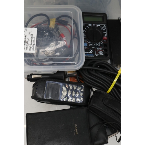 344 - A plastic storage unit and box full of cables, computer components and other items. TRADE - SPARES O... 