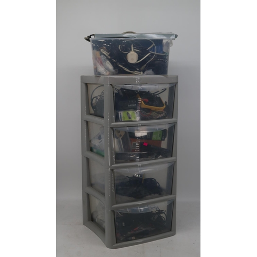 344 - A plastic storage unit and box full of cables, computer components and other items. TRADE - SPARES O... 