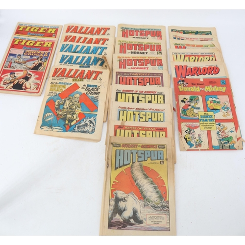 349 - Comics from the 70s; 2 x Tiger, 5 x Valiant,8 x Hotspur, 5 x Warlord and 1 x Donald & Mickey.