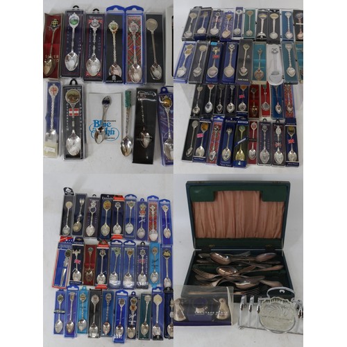 350 - A large collection of collectors spoons (including a Blue John tipped spoon), and other plated items... 