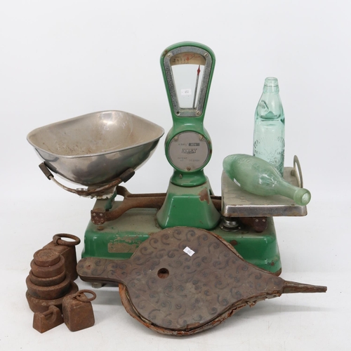 351 - Set of vintage Avery scales with some weights, bellows and two early glass bottles together with a c... 