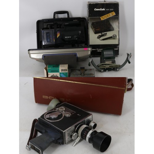 407 - A cased Bolex K1 cine camera, cased Sony Video 8 AF, Camlink VMX 2000 video editor, and two splicers... 