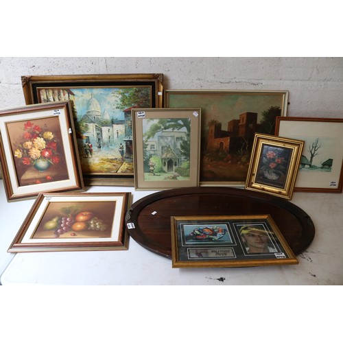 413 - Wooden tray together with oil on canvas in gilt frame and an oil on board signed Ordi with various o... 