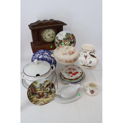 428 - American mantle clock, silver plated three piece tea set and tray, selection of ceramics, decorative... 