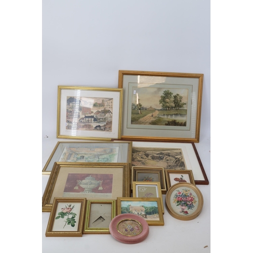 440 - Selection of framed pictures together with wall sconces(one with damage) and a Slazenger hockey stic... 