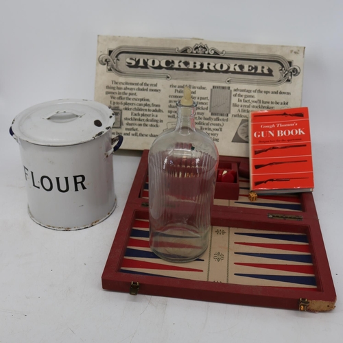489 - Stockbroker game, Backgammon set, enamel flour tin, Gunbook and vintage chemists bottle with stopper... 